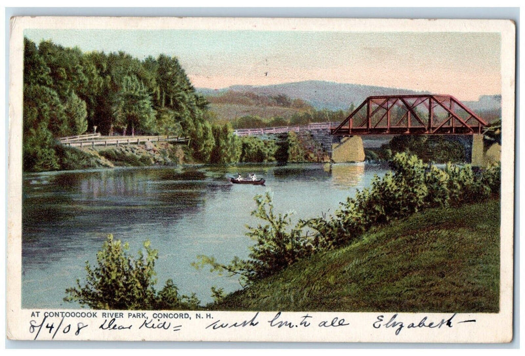 1908 At Contoocook River Park, Bridge, Boat Canoeing Concord NH Postcard