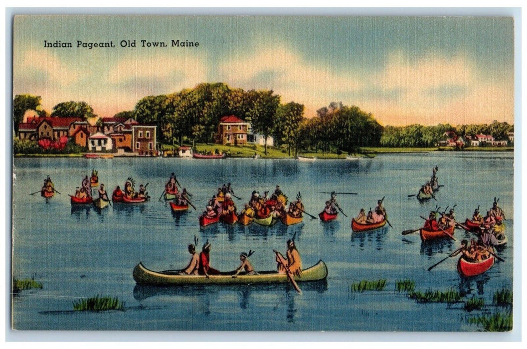c1930's Indian Pageant Canoeing Boats Old Town Maine ME Vintage Postcard