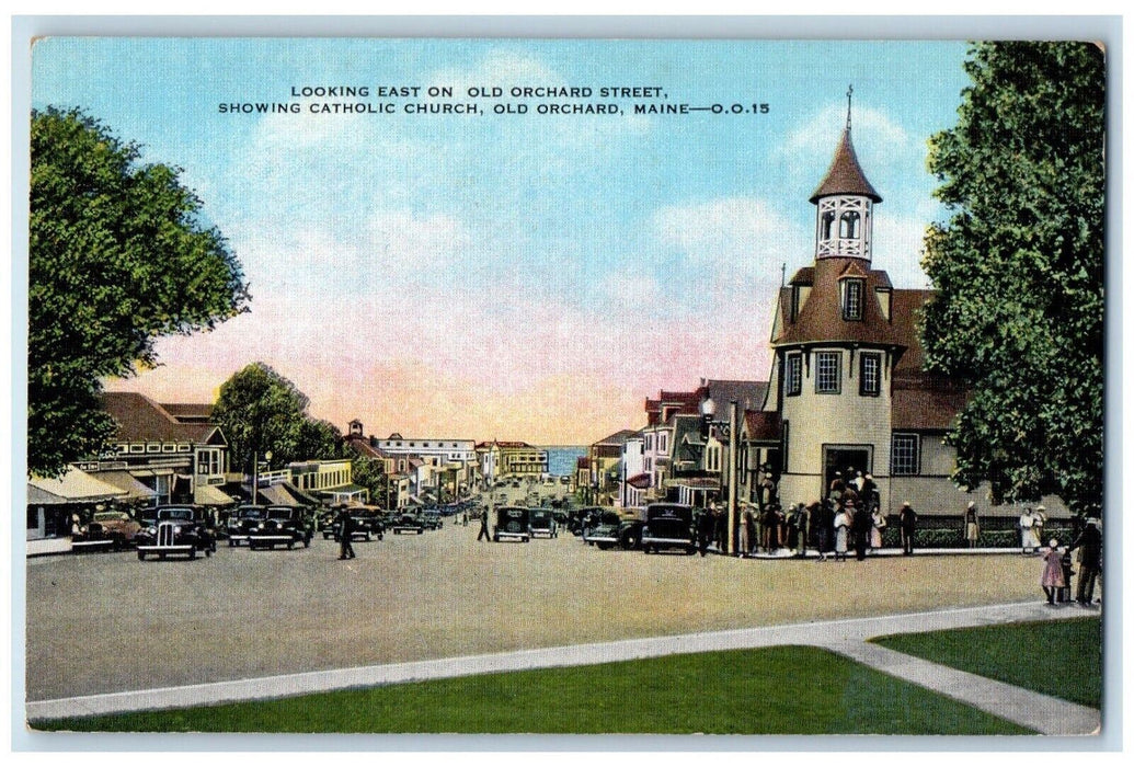 Old Orchard ME, Looking East On Old Orchard Street Catholic Church Cars Postcard