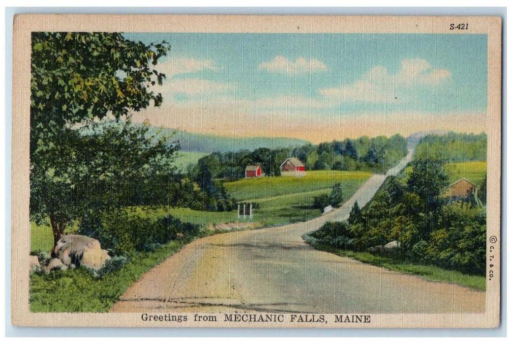 c1940's Greetings From Mechanics Falls Maine ME, Road View Vintage Postcard