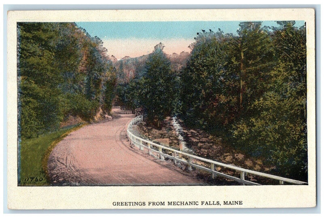 c1930's Greetings From Mechanics Falls Maine ME, Curve Dirt Road View Postcard