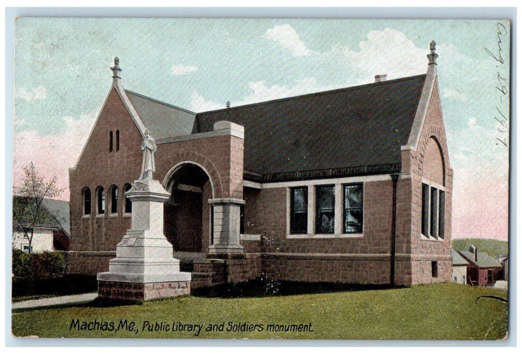 1907 Public Library And Soldiers Monument Machias Maine ME Antique Postcard
