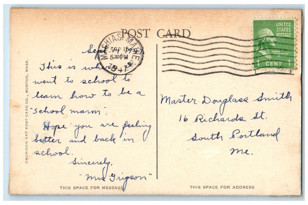 1947 Washington State Normal School Building Cars Machias Maine ME Postcard