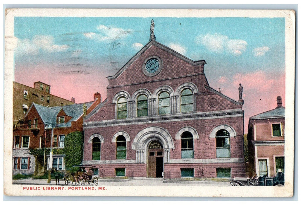1921 Horse Carriage, Entrance to Public Library Portland Maine ME Postcard