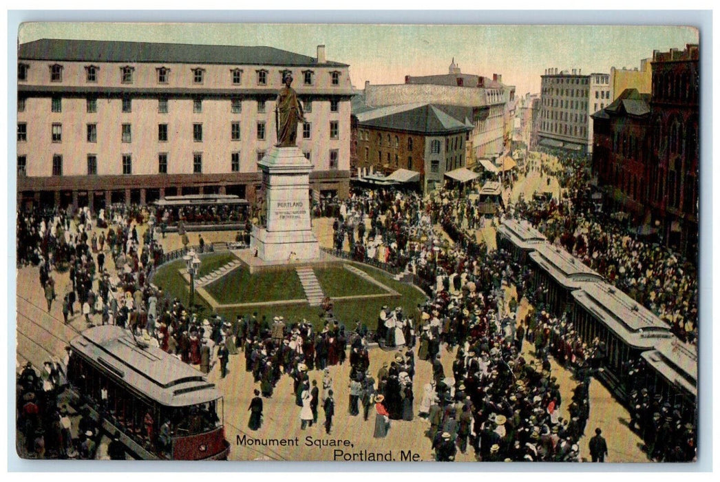 c1910 Busy Scene, Trolley Car, Monument Square Portland Maine ME Postcard