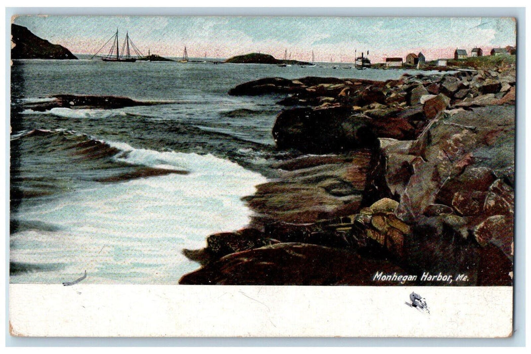 1909 View Of Boats And Rocks At Monhegan Harbor Maine ME Posted Antique Postcard