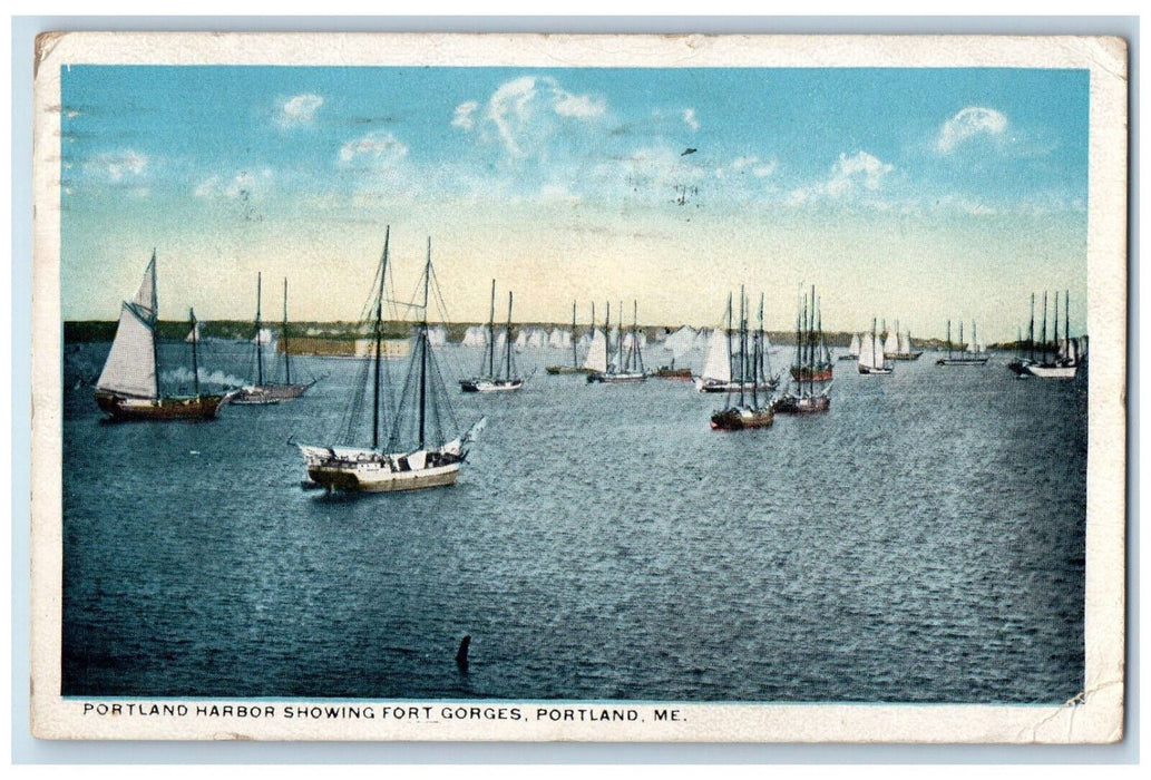 1920 Boats Scene Portland Harbor Showing Fort Gorges Portland Maine ME Postcard