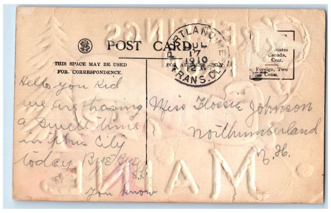 1910 Trees, Greetings from Portland Maine ME Embossed Airbrush Postcard
