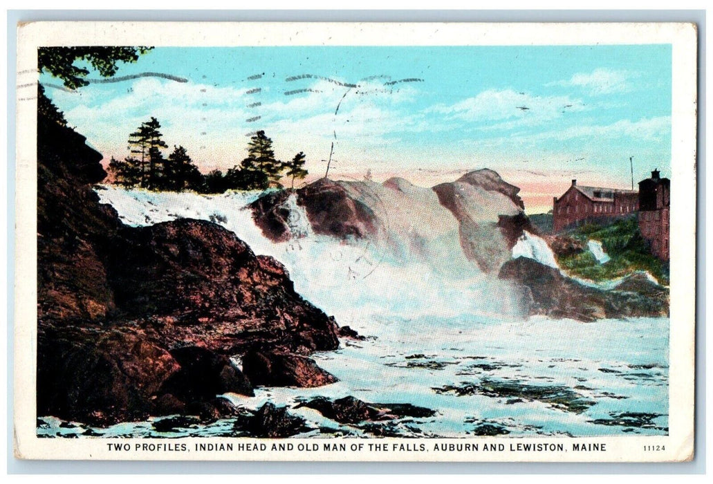 1931 Two Profiles Indian Head Old Man Falls Auburn And Lewiston ME Postcard