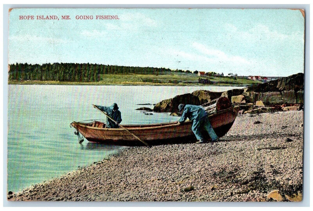 1910 Going Fishing Boat Fishermens Hope Island Maine ME Posted Antique Postcard