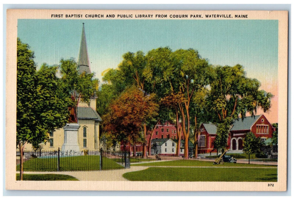 c1940's First Baptist Church and Public Library Waterville ME Postcard