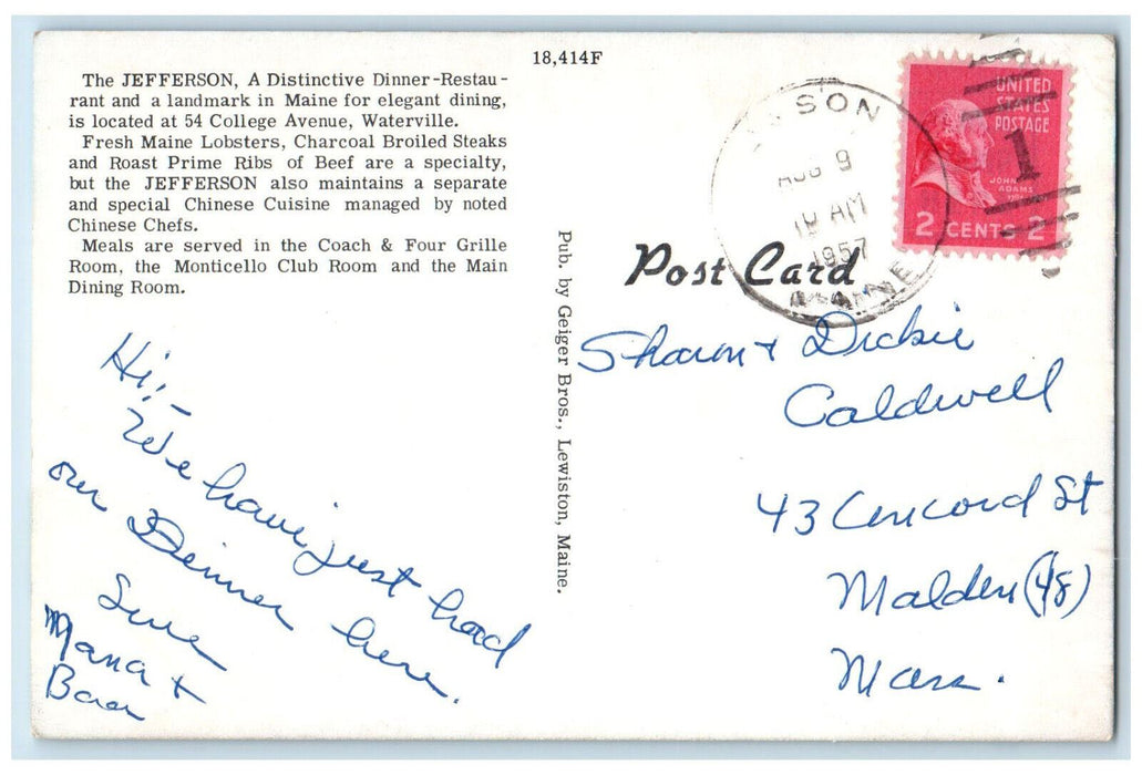 1957 Cosmopolitan Building The Jefferson Restaurant Maine ME Vintage Postcard