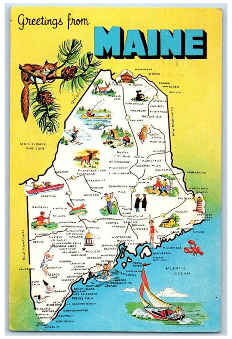 1962 Map View, Animals, Camping, Golf, Greetings from Maine ME Postcard
