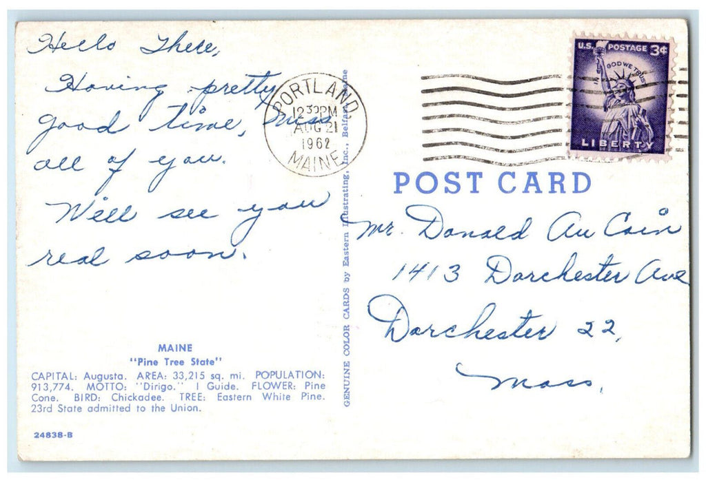 1962 Map View, Animals, Camping, Golf, Greetings from Maine ME Postcard
