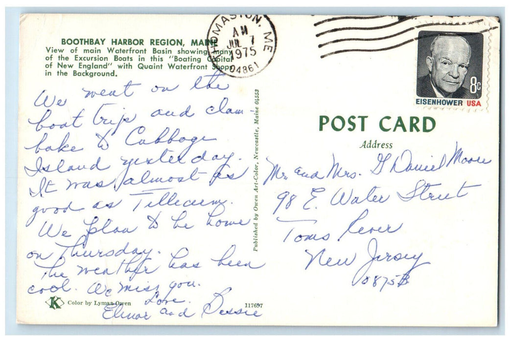 1975 View of Main Waterfront Basin, Excursion Boats, Boothbay Harbor ME Postcard