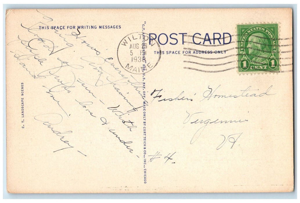 c1930's Scene of Trees & Road, Greetings from Wilton Maine ME Postcard
