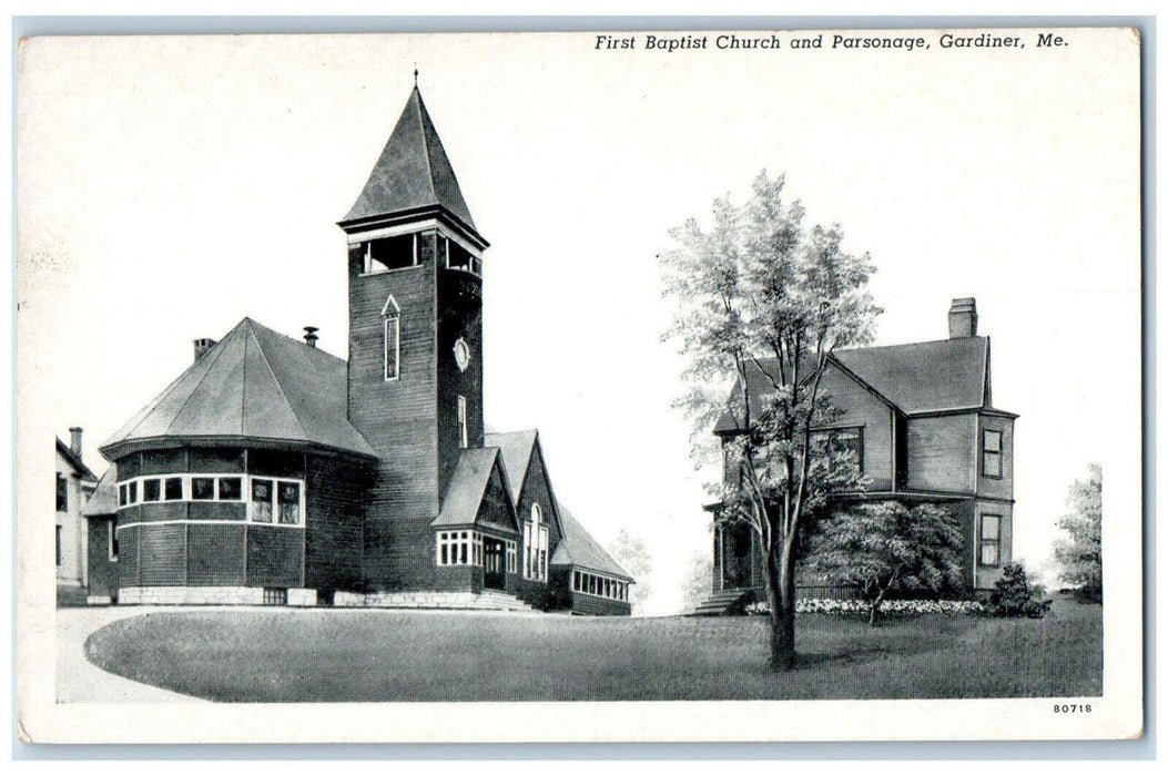 c1950's First Baptist Church and Parsonage Gardiner Maine ME Vintage Postcard