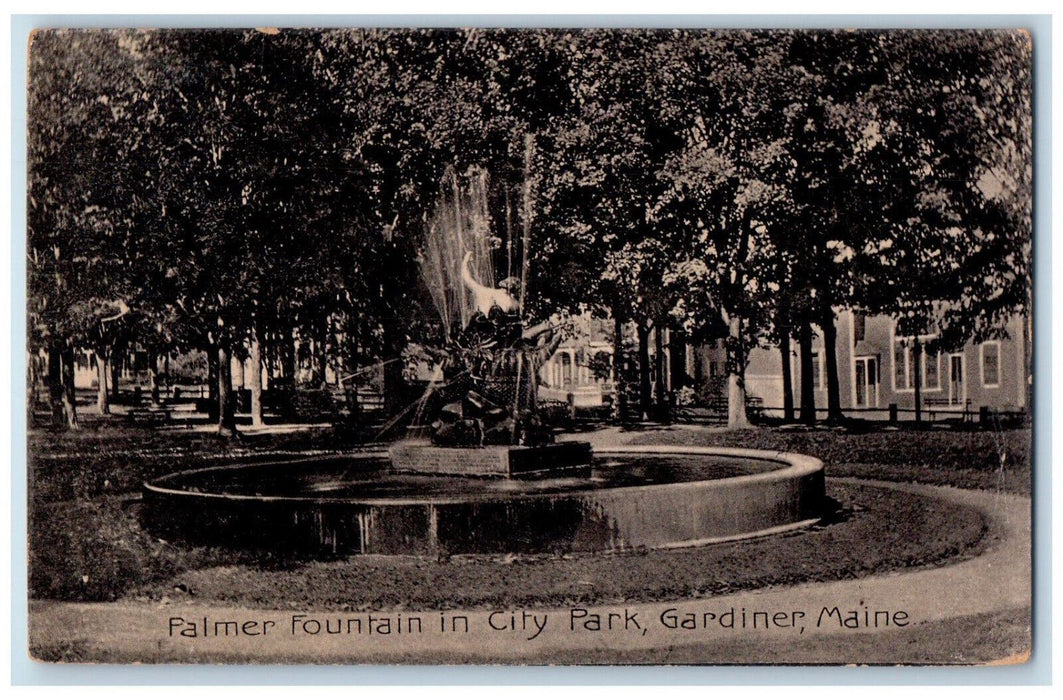 1909 Palmer Fountain in City Park Gardiner Maine ME Antique Postcard