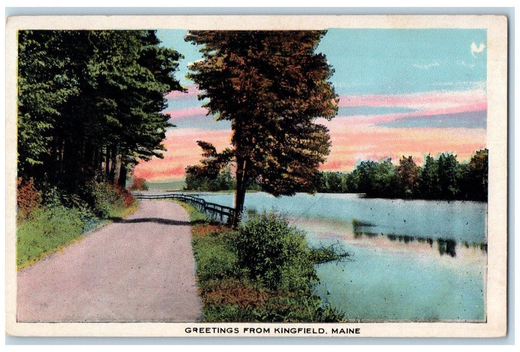 c1920's Greetings From Kingfield Maine ME, Road And Lake View Vintage Postcard