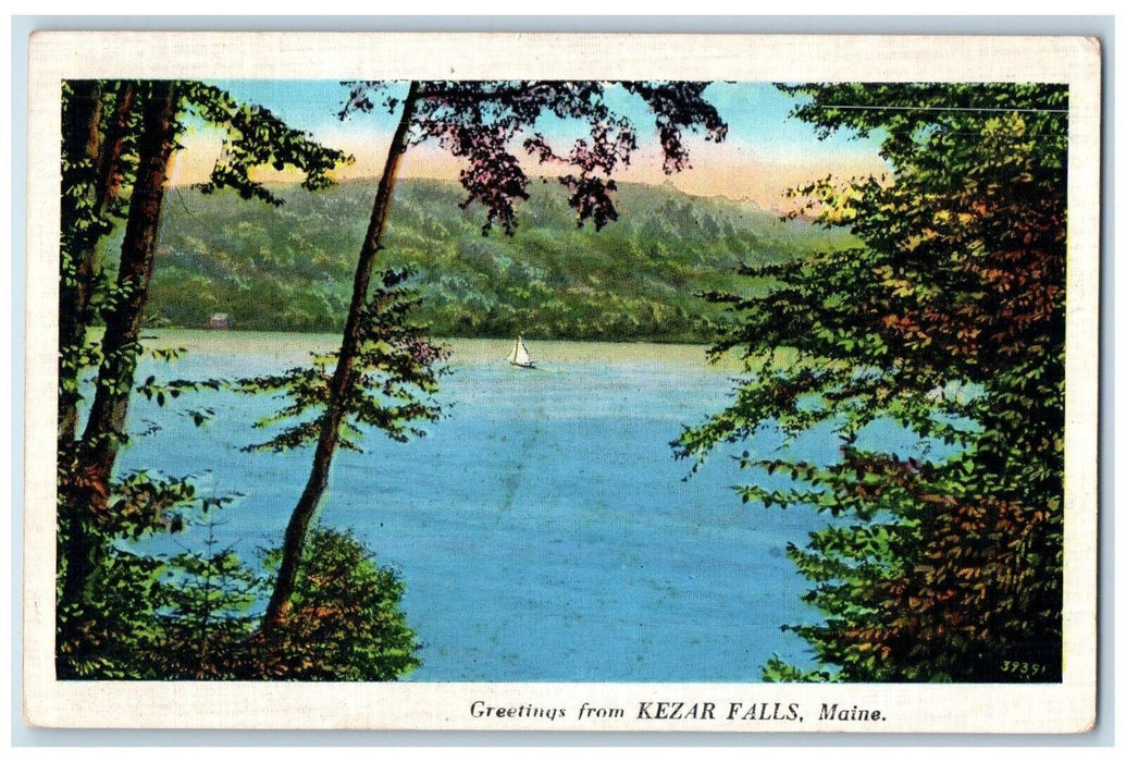 1937 Greetings From Kezar Falls Maine ME, Sailing Boat Scene Vintage Postcard