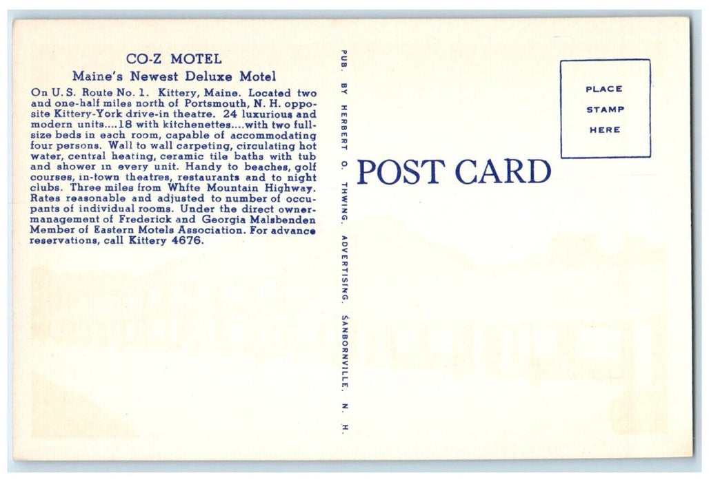 Co-Z Motel U. S. Route No. 1 Roadside Kittery Point ME Unposted Vintage Postcard
