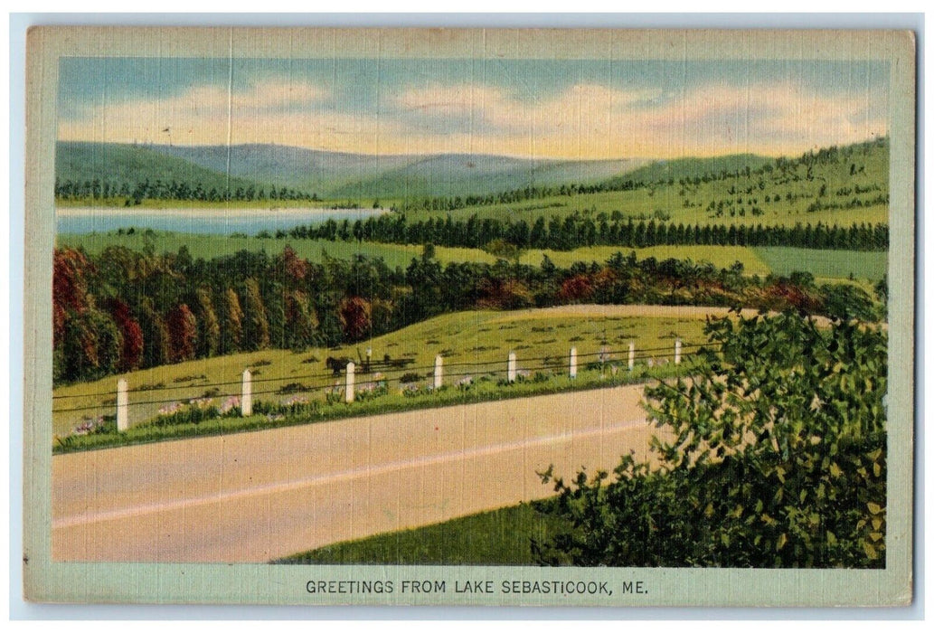 1943 Greetings From Lake Sebasticook Maine ME, Road View Vintage Postcard