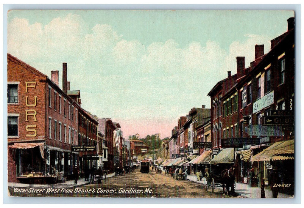 c1910 Clothes, Shoes, Cigar, Electric Shop Water Street Gardiner ME Postcard