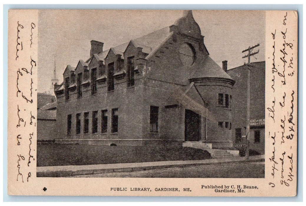 1907 Public Library Gardiner Maine ME CH Beane Antique Posted Postcard