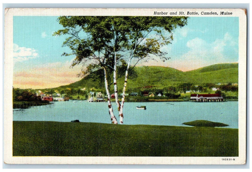 c1940's Boat and Buildings Scene, Harbor and Mount Battie Camden ME Postcard