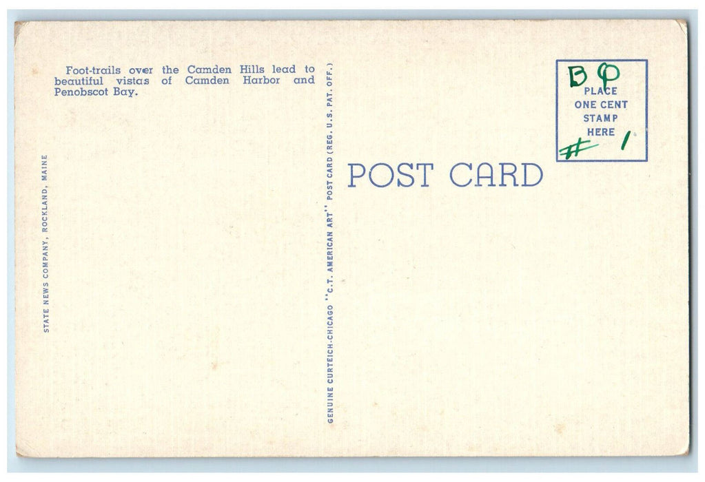 c1940's Boat and Buildings Scene, Harbor and Mount Battie Camden ME Postcard
