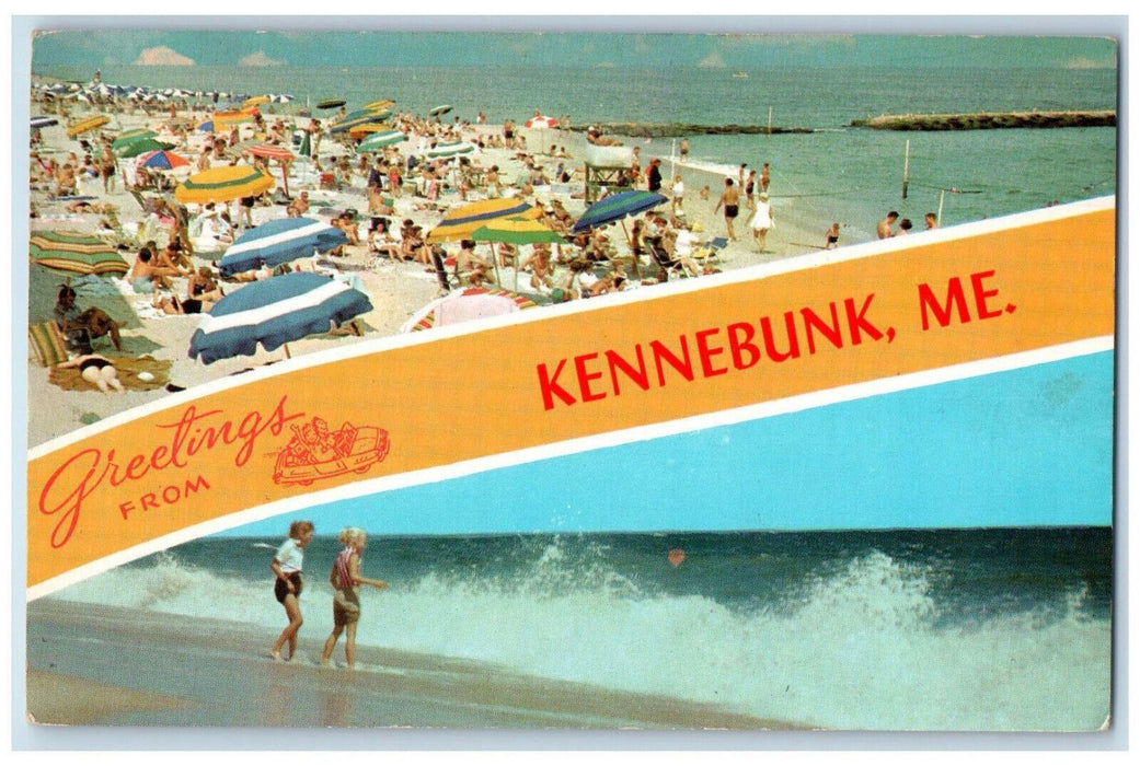 1965 Wavy Sea & Umbrella in Shore Scene, Greetings from Kennebunk ME Postcard