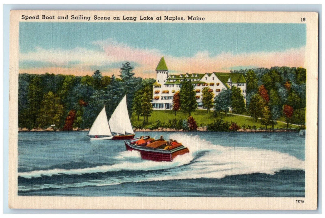 1952 Speed Boat and Sailing Scene on Long Lake at Naples Maine ME Postcard