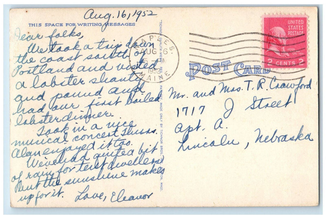 1952 Speed Boat and Sailing Scene on Long Lake at Naples Maine ME Postcard