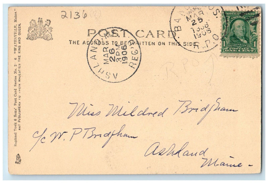 1906 Colby College Waterville Maine ME Ashland MI Banc & Bros RPO Tuck Postcard