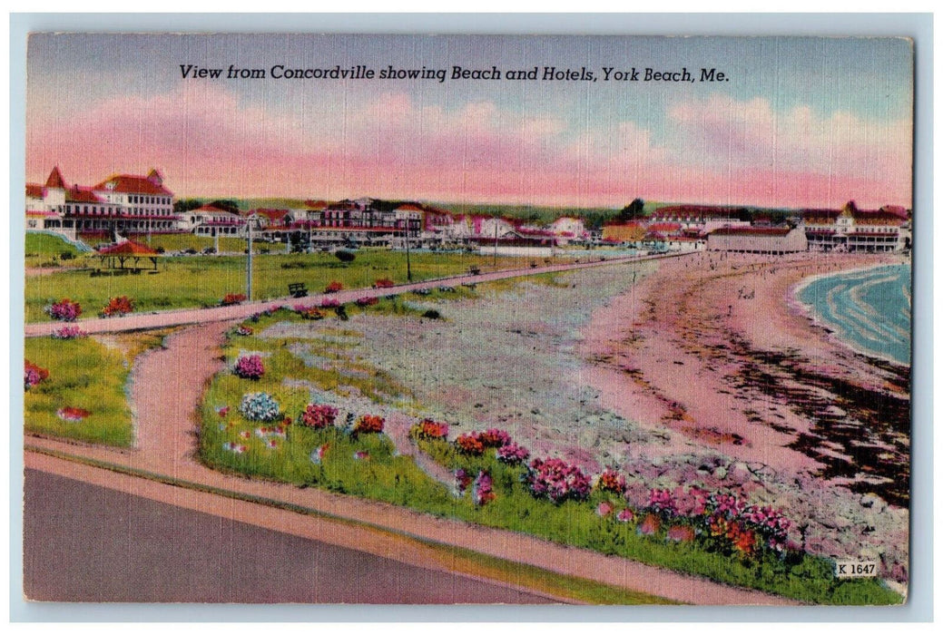 1948 View from Concordville Showing Beach and Hotels York Beach ME Postcard