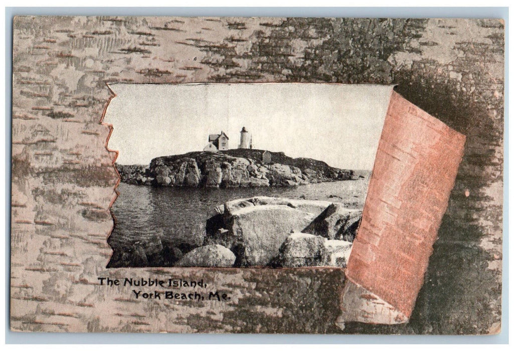 c1940's Nubble Light, Greetings from York Beach ME Ripped Bark Tree Postcard