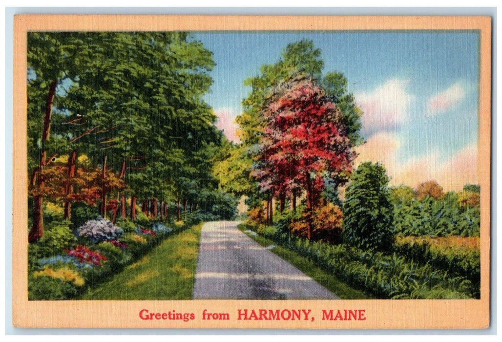 Greetings From Harmony Maine ME, Road Flowers And Trees Unposted Postcard