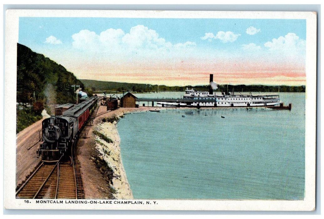 c1920's Train, Steamship, Montcalm Landing Railroad Depot New York NY Postcard