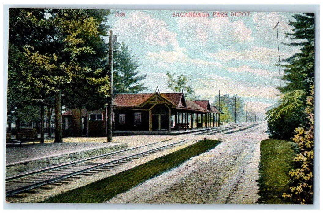c1910 Railroad Scene, Station, Sacandaga Park Depot, Fulton Co. NY Postcard