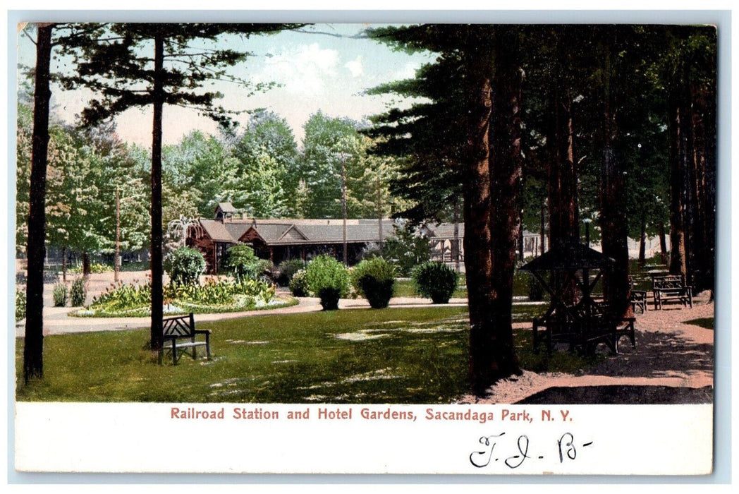 c1905 Railroad Station and Hotel Gardens Sacandaga Park New York NY Postcard