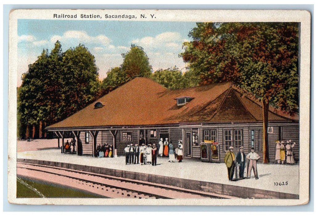 c1920's Crowd Waiting Railroad Station Fulton Co. Sacandaga New York NY Postcard