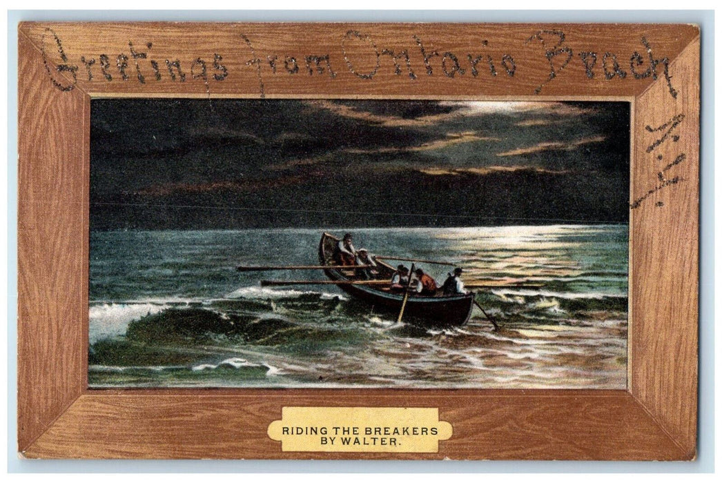 c1910's Boat Riding The Breakers Greetings from Ontario Beach NY Postcard