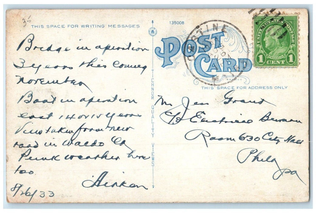 1933 Boston Boat Passing Under Waldo Hancock Bridge Bucksport Maine ME Postcard