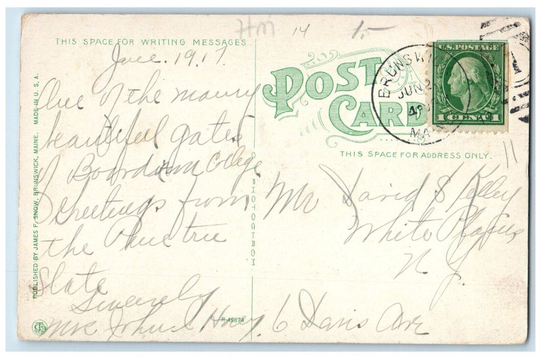 1917 Memorial Gate Bowdoin College Brunswick Maine ME Posted Antique Postcard