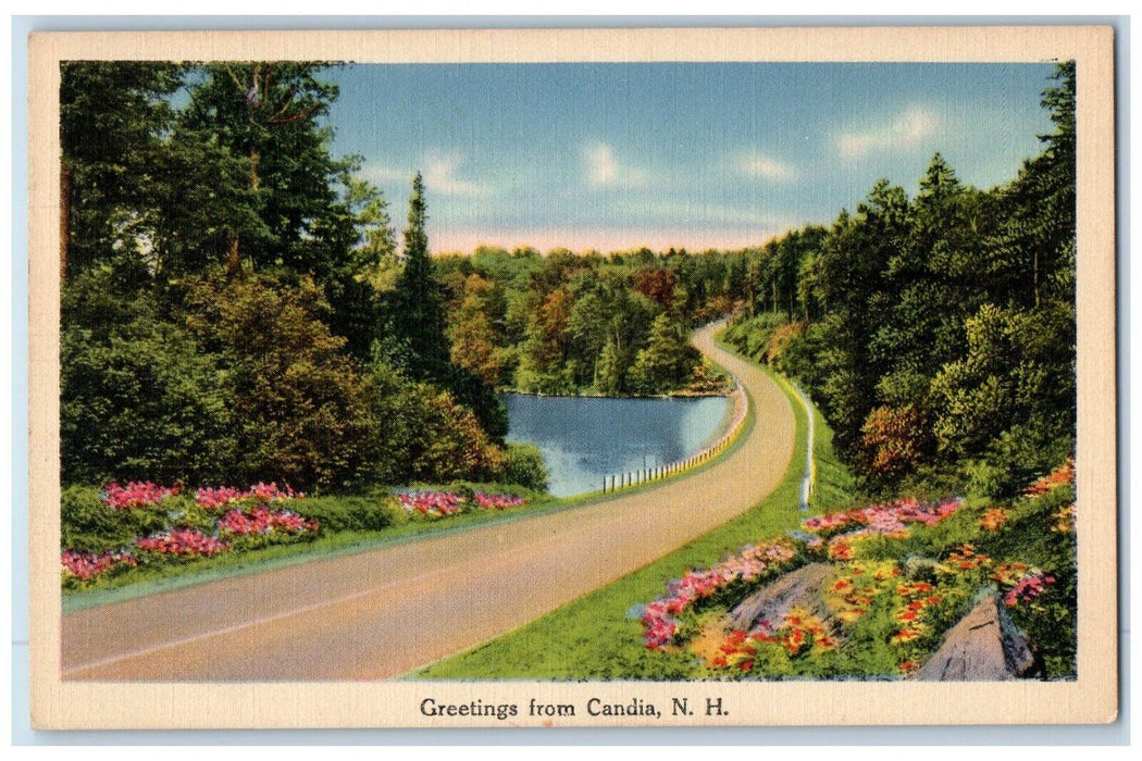 c1930's Greetings From Candia New Hampshire NH. Road And River View Postcard