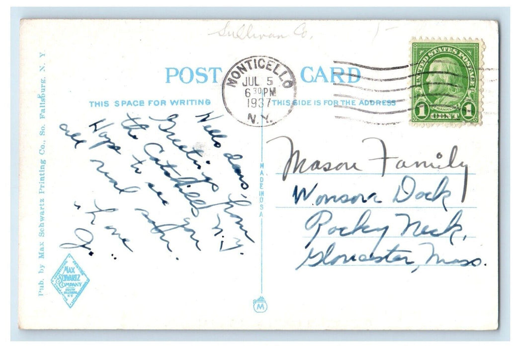 1937 Greetings From Monticello New York NY, Sea View Canoeing Boat Postcard