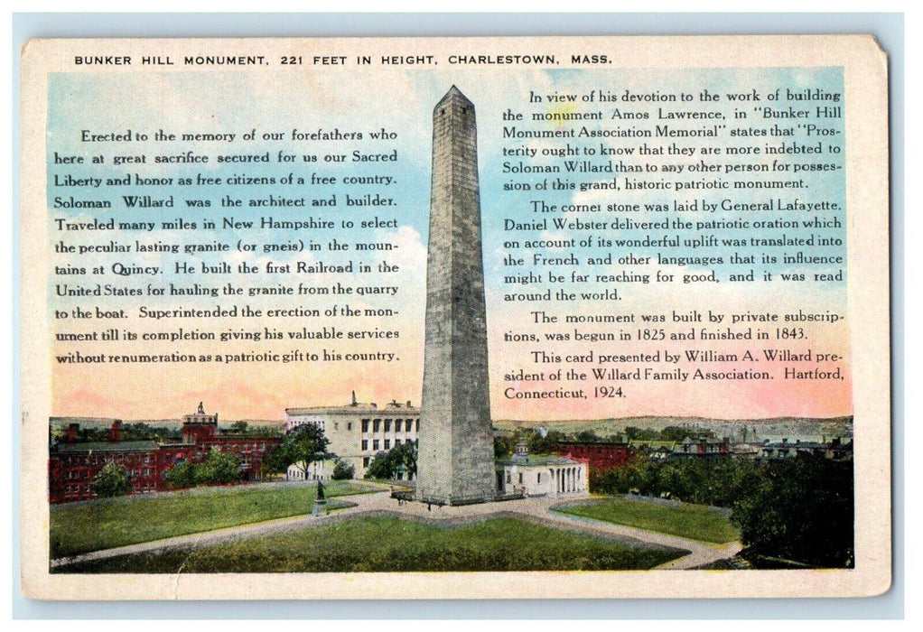 c1930's Bunker Hill Monument Charlestown Massachusetts MA Vintage Postcard
