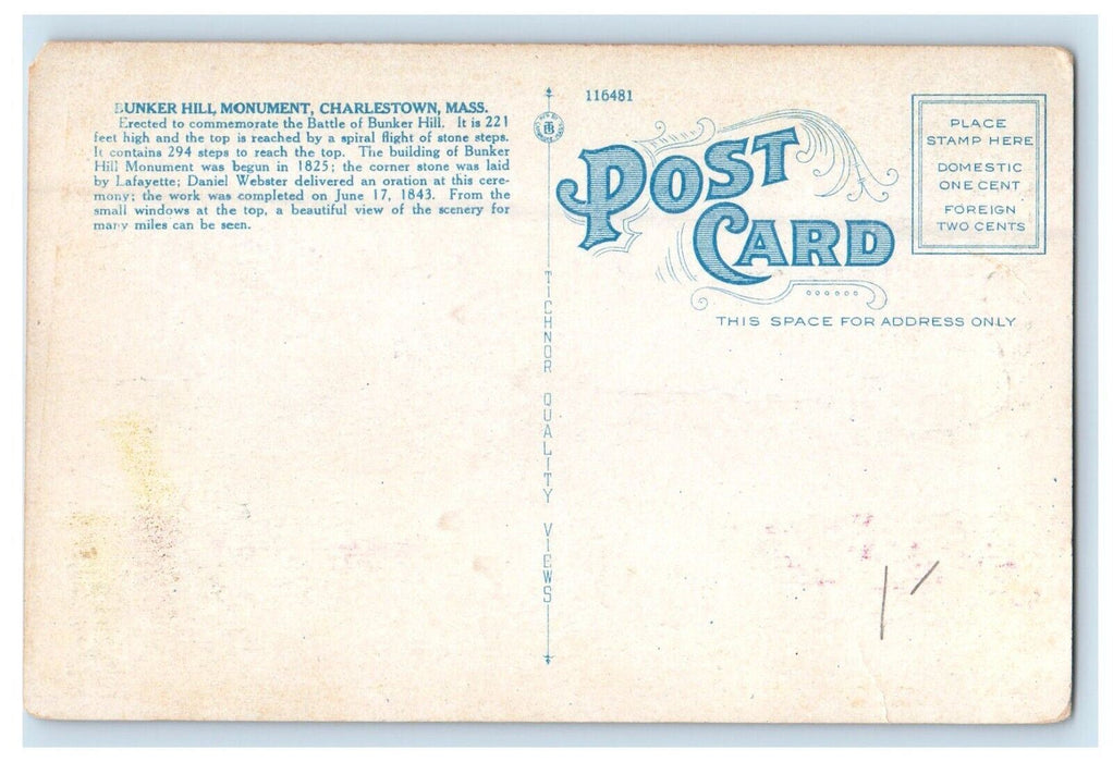 c1930's Bunker Hill Monument Charlestown Massachusetts MA Vintage Postcard
