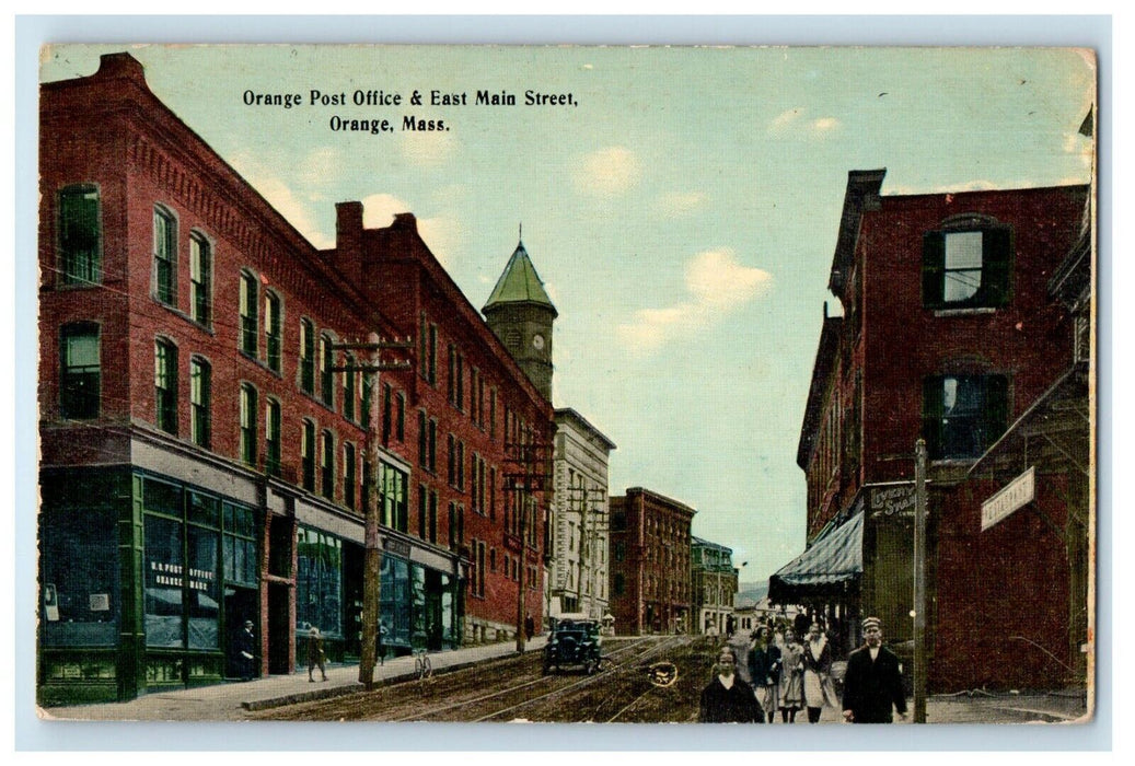 c1910's Orange  Massachusetts MA, Post Office And East Main Street Car Postcard