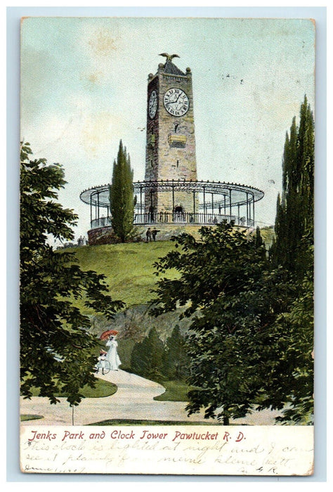 1907 Jenks Park And Clock Tower Pawtucket Rhode Island RI Antique Postcard